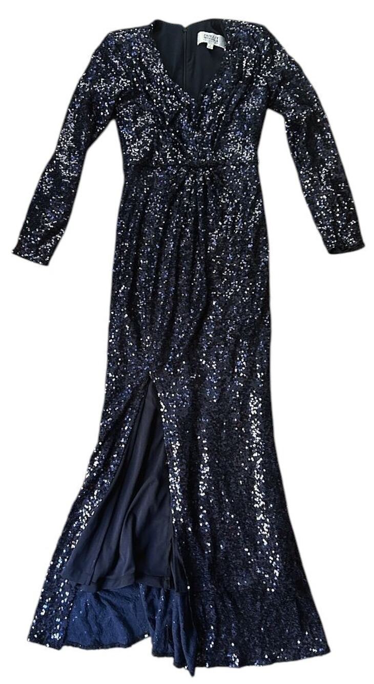 Badgley Mischka Split Leg Long-Sleeve Blue Sequined Dress 0